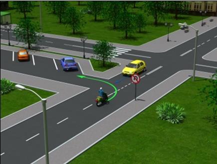 1. 9. W tej sytuacji kierując motorowerem: A- przed skręceniem w lewo musisz ustąpić pierwszeństwa kierującemu