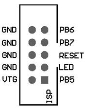 sygnalizującą pracę programatora PB linia wyjściowa danych programatora MOSI Rysunek. Złącze programatora ISP.Zworki, LED, potencjometry i reset.