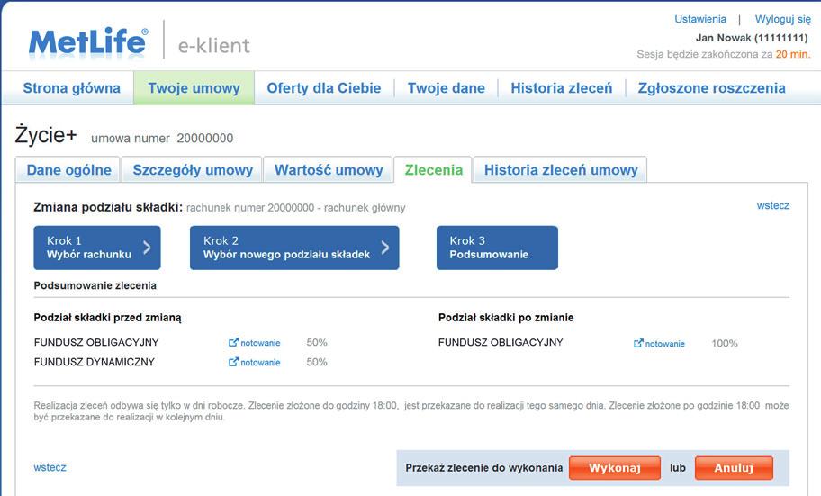 3.2.2.1 Zlecenie zmiany podziału procentowego składki Zlecenie zmiany podziału procentowego składki dotyczy przyszłych składek (również dodatkowych), które wpłyną na rachunek po dokonaniu zmiany.