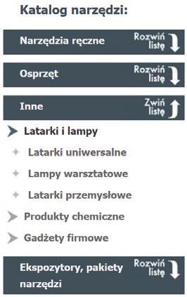 2. Drzewko produktów (katalog narzędzi) - jest to lista widoczna po lewej stronie, w której znajdziesz kategorie główne (na ciemnym pasku) oraz podkategorie