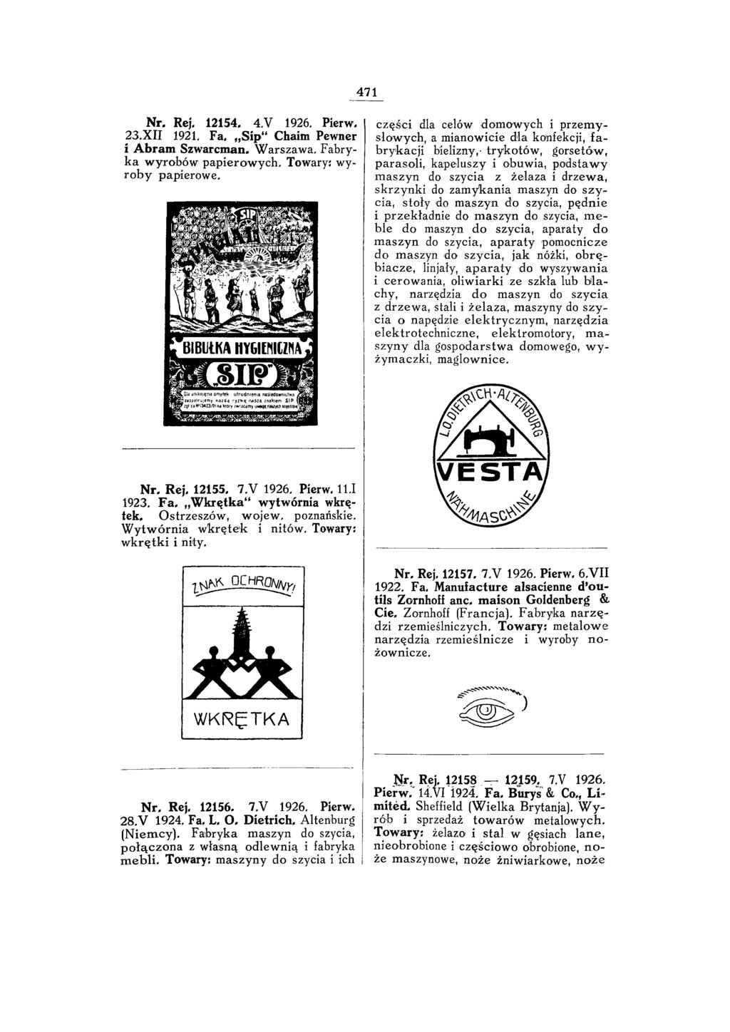 471 Nr. Rej. 12154. 4.V 1 9 2 6. Pierw. 2 3.X I I 1921. Fa. Sip Chaim Pewner i Abram Szwarcman.