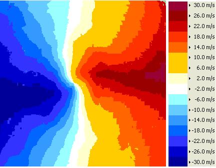 Rozkład prędkości radialnych - skan dopplerowski do 125 km Obraz rozkładu