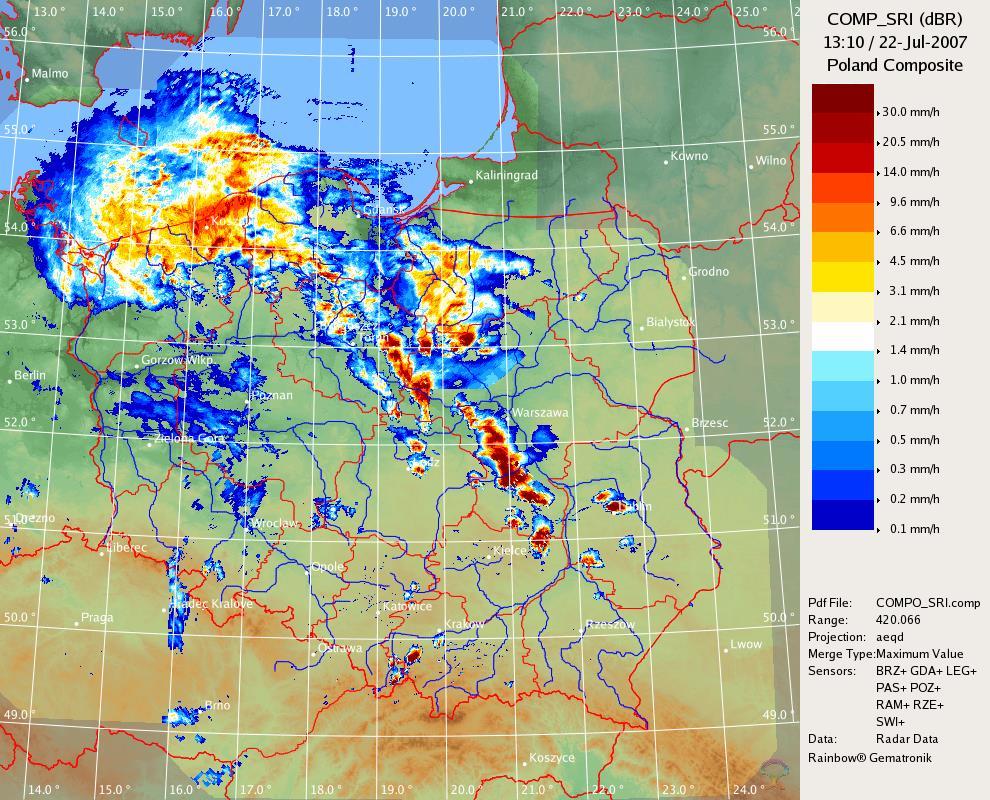 Dane radarowe - interpretacja Zbiorcza mapa radarowa 22 lipca 2007 -
