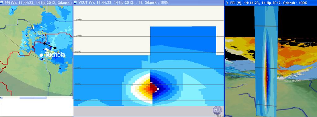 Trąby powietrzne z dnia 14 lipca 2012 Godz. 14:44 UTC PPI(V) - 1,9 stopni Bory Tucholskie 10 km średnica zjawiska to ok.