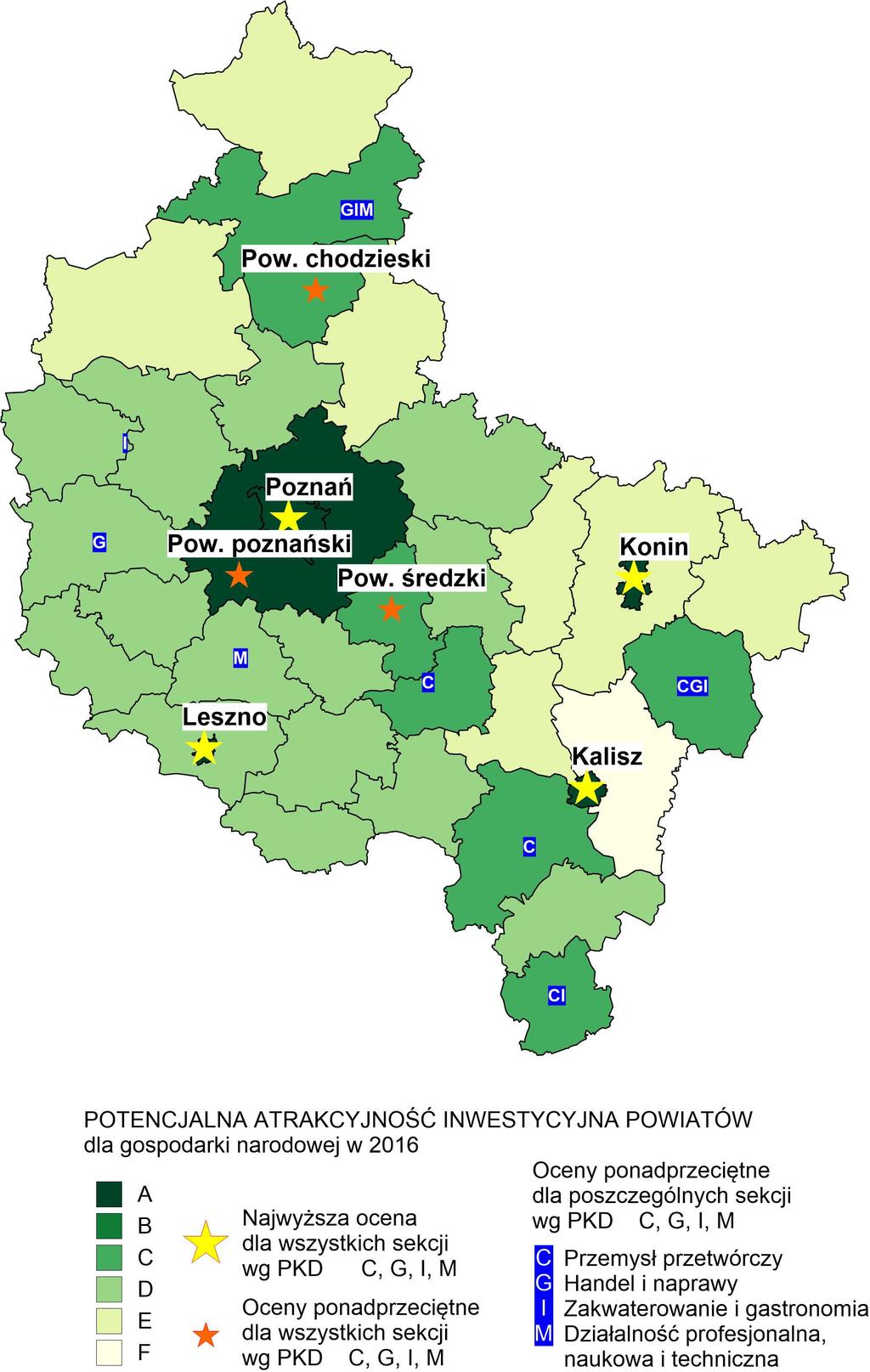 Rysunek 1. Zróżnicowanie przestrzenne potencjalnej atrakcyjności inwestycyjnej powiatów woj.