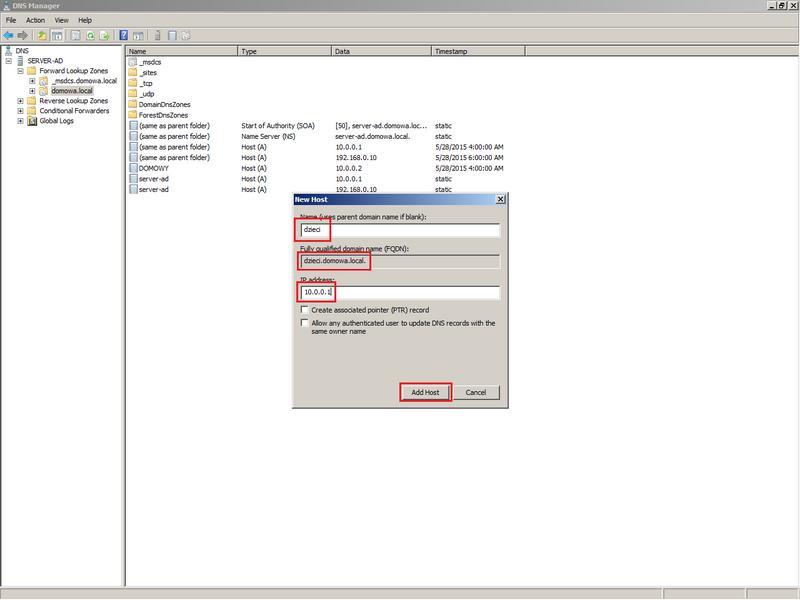 Podajemy nazwę hosta, np. dzieci (jak widać pełna nazwa domeny zmieniła się na dzieci.domowa.local), podajemy adres naszego serwera (UWAGA! To jest przykładowy adres.