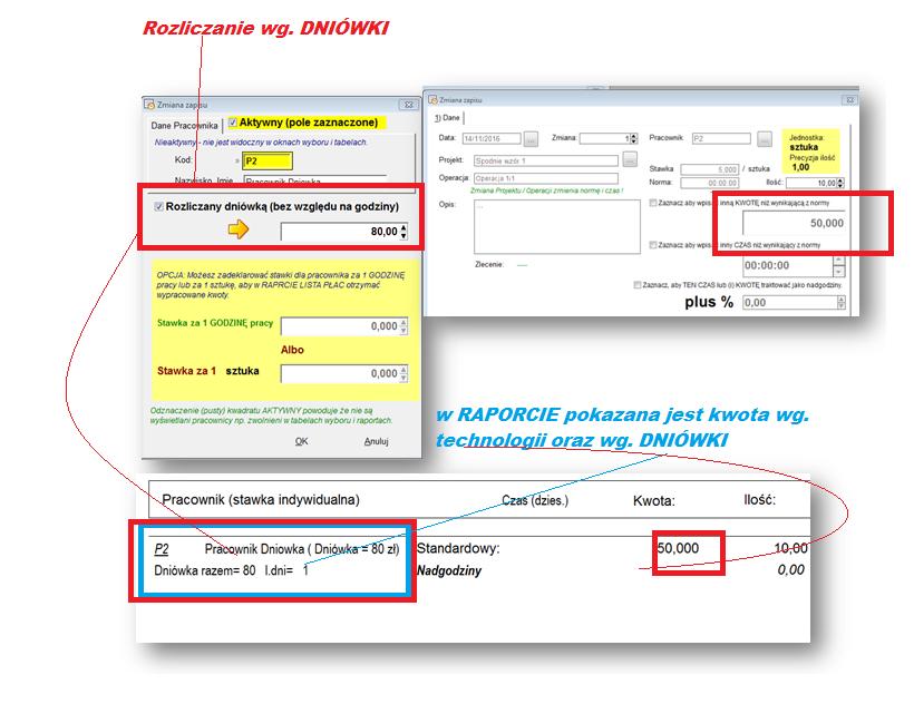 Rozliczanie wg. DNIÓWKI Rozliczanie CZASU swobodne. Podobnie jak poprzednio, w Raporcie pokazywane są parametry technologiczne oraz w tym przypadku DNIOWKI.