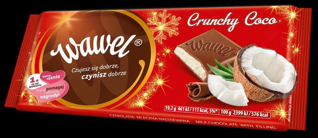 10. Czekolada Crunchy Coco 100g Czekolada mleczna z nadzieniem (44%) kokosowym z chrupkami ryżowymi. Oprócz tłuszczu kakaowego czekolada mleczna zawiera tłuszcze roślinne.