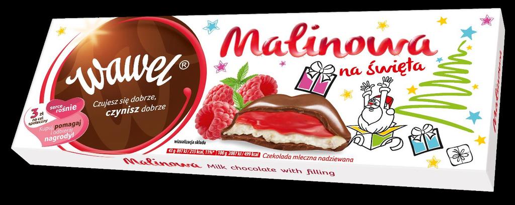 5. Czekolada Malinowa 300g Czekolada mleczna z nadzieniem (56%) malinowo-jogurtowym. Oprócz tłuszczu kakaowego czekolada mleczna zawiera tłuszcze roślinne.