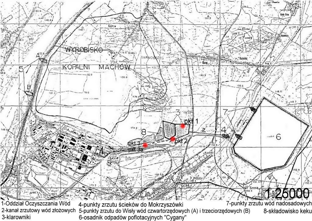 Rys. 2. Lokalizacja obszaru badań i punktów poboru próbek. 5. Metodyka badań Próbki osadów pobrano w lutym 2007 roku z klarownika wod złożowych oraz z kanału doprowadzającego.
