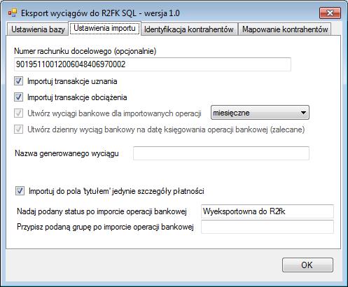 Inne ustawienia Ustawienia importu Numer rachunku docelowego numer rachunku bankowego zdefiniowanego w programie R2fk, na który mają być importowane operacje bankowe; jeśli jest on inny niż numer