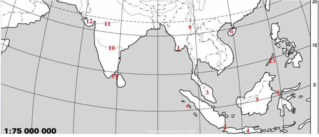 Zadanie 10 0 9 pkt Na poniższej mapie liczbami od 1 do 14 zaznaczono obiekty geograficzne. Rozpozna je, zapisz ich nazwy oraz numer przyporządkowania na mapie obok właściwego opisu w tabeli.