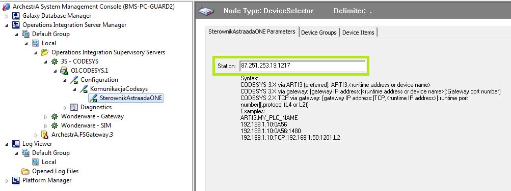 Z drzewka po lewej stronie wybieramy nowo utworzony element New_DeviceSelector_0000 (nazwę tego elementu możemy edytować, w przykładzie nazwa elementu została zmieniona na SterownikAstraadaONE).