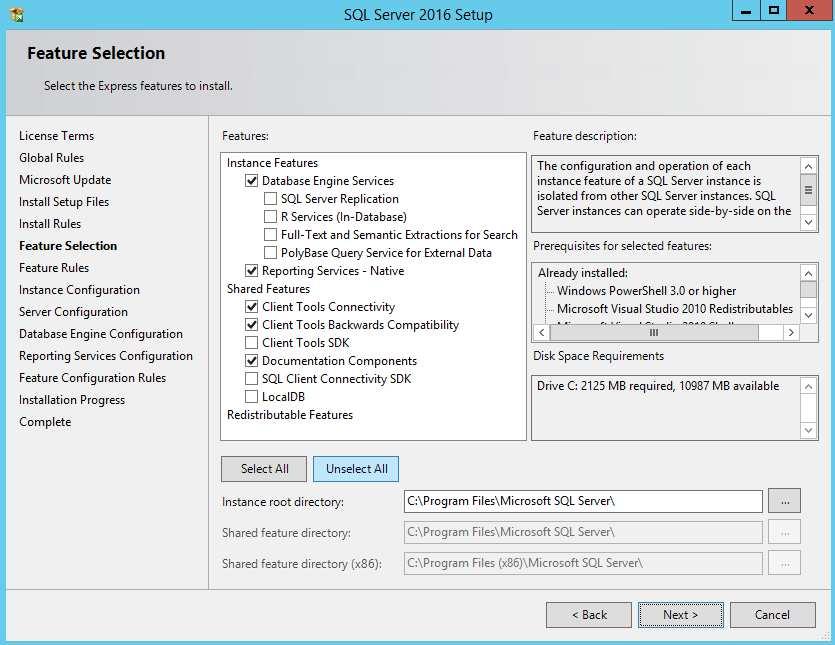 W oknie Feature Selection należy zaznaczyć opcje: Database Engine Services, Reporting Services Native,