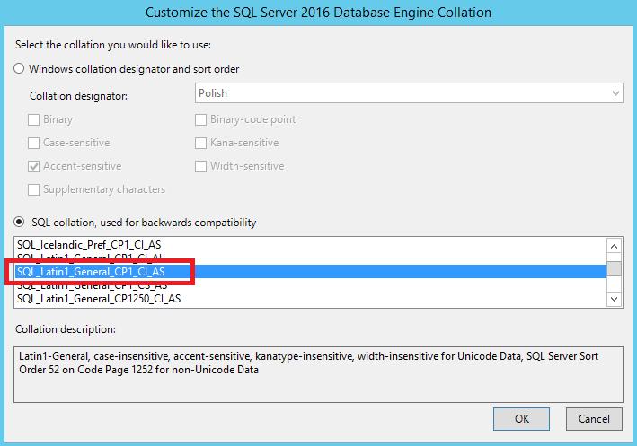 Polish_CI_AS to należy nacisnąć przycisk Customize, aby ustawić wymaganą wartość SQL_Latin1_General_CP1_CI_AS.