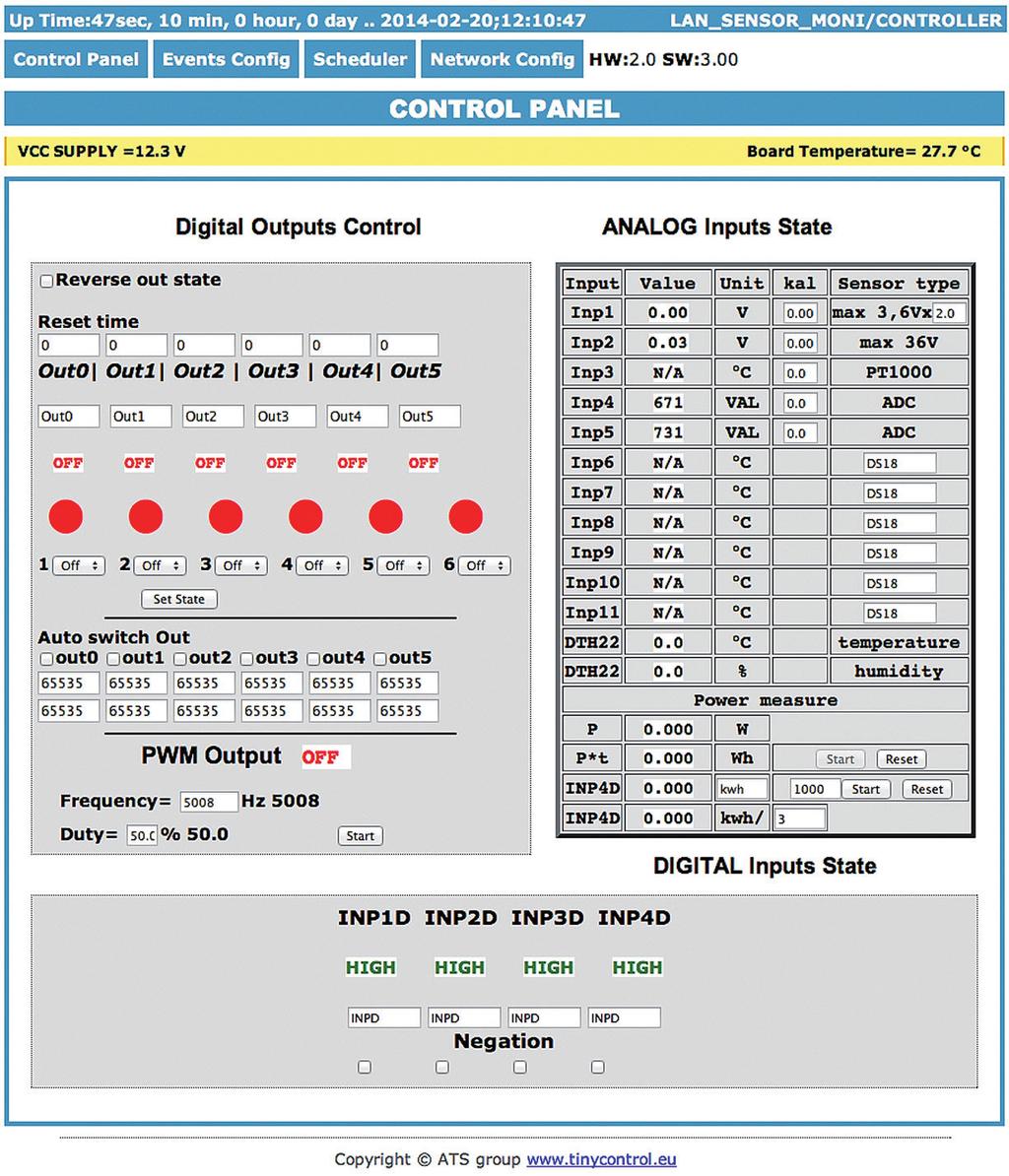 Zarządzanie przez WWW. 1. Control Panel Reset time 0 normalna praca wyjść, dla >0 wyjście po wciśnięciu przycisku zmienia stan i powraca do stanu poprzedniego po upływie czasu w sekundach (max 65534).