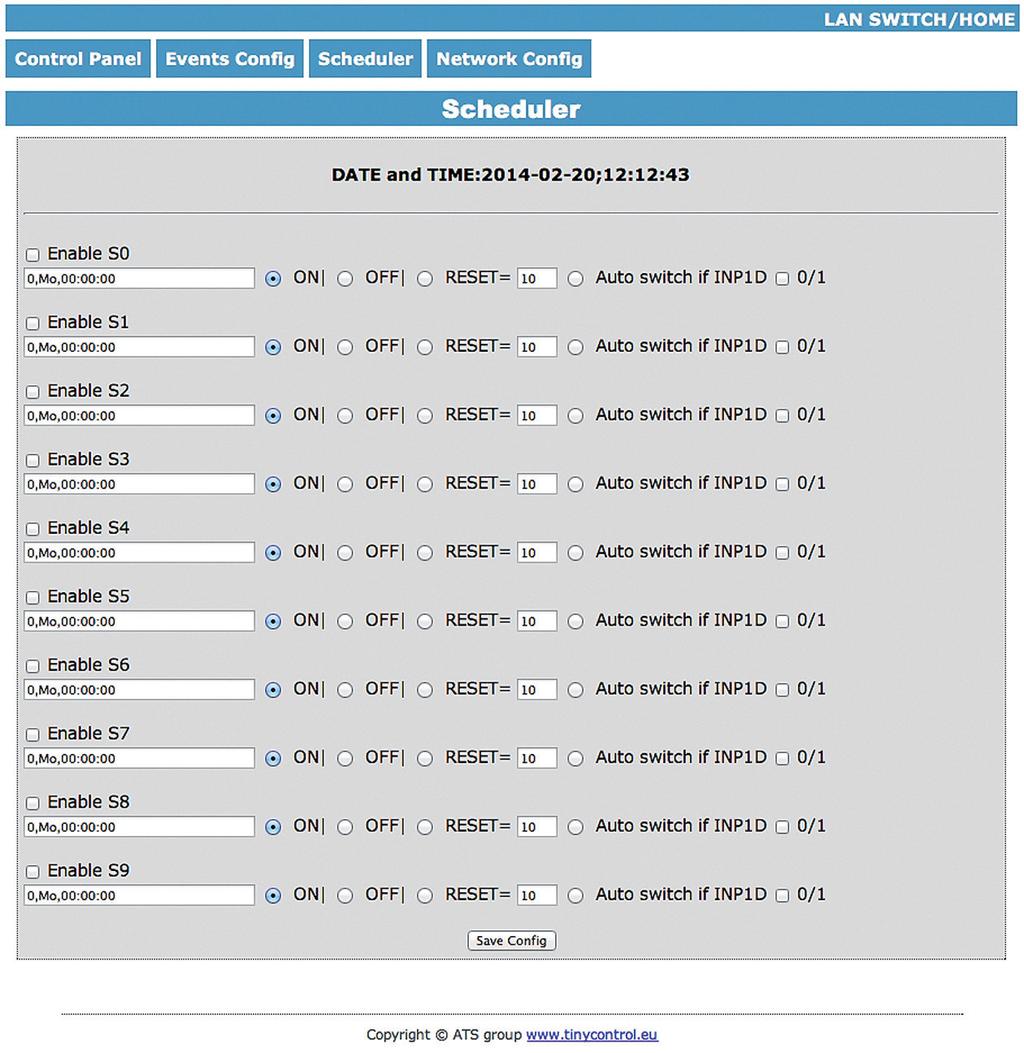 3. Scheduler Format wpisywania momentu zdarzenia jest następujący, numer wyjścia (od 0 do 4) na którym ma wystąpić zdarzenie, dzień lub dni tygodnia oddzielone przecinkami, oraz czas w formacie