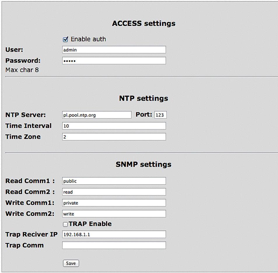 Nazwa użytkownika i hasło dostępu do modułu. Można wyłączyć autoryzację. Ustawienia serwera NTP, Time Interwal - okres w minutach, co jaki będzie synchronizowany czas z serwerem.