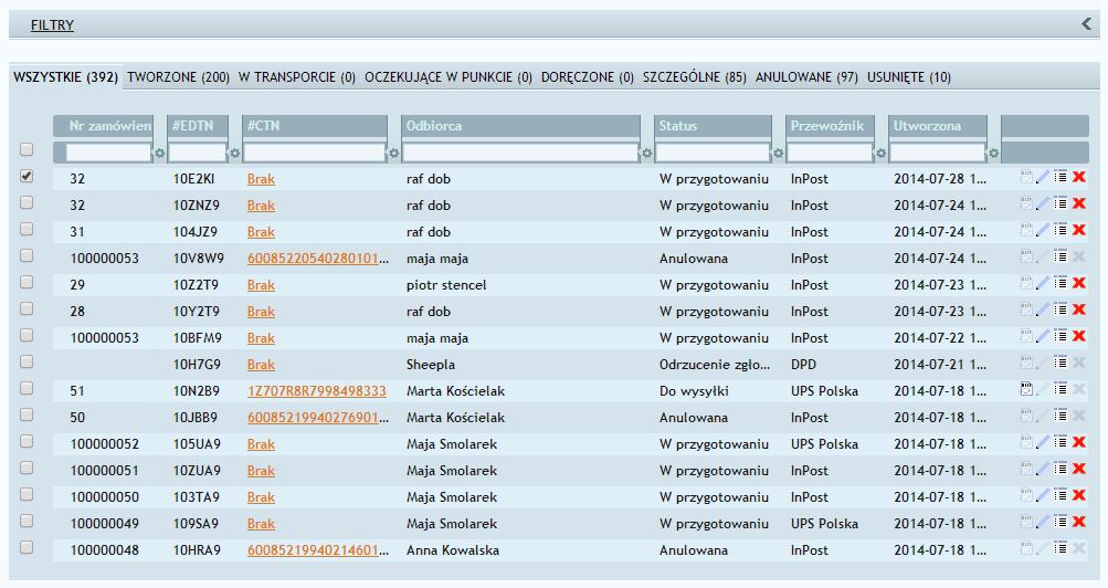 Rys. 30 Tabela przesyłek Za kolumną Utworzona znajdują się cztery dodatkowe opcje, które pozwalają na otworzenie dokumentu przewozowego, edycję danych przesyłki, przedstawienie szczegółów oraz