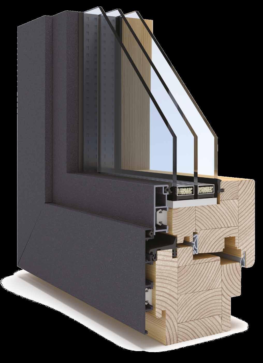 Ramy okien drewniano-aluminiowych znajdujące się wewnątrz pomieszczeń wykonane są z drewna, natomiast zewnętrzne