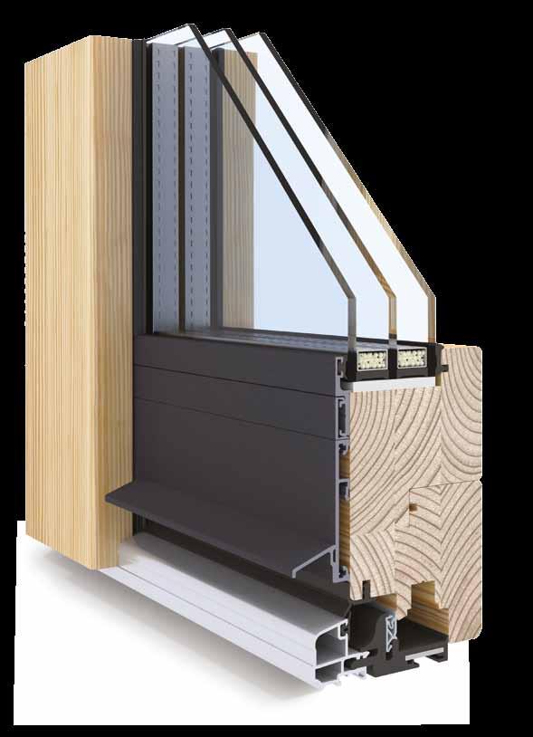 INNOWACYJNA KONSTRUKCJA Innowacyjna konstrukcja okna z drewna klejonego, gdzie skrzydło okienne nie ma wewnętrznej listwy przyszybowej i w całości od zewnątrz ukryte jest za ościeżnicą.