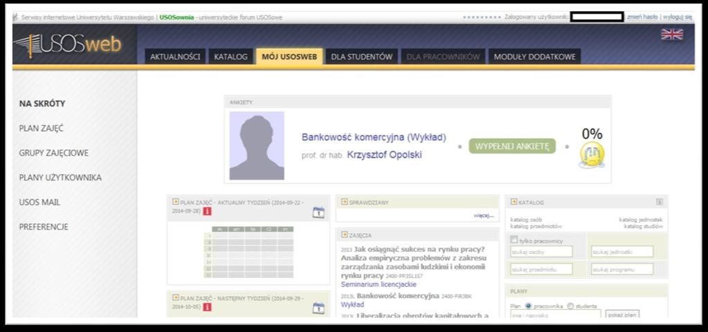 USOSweb strona po zalogowaniu Widok zakładki MÓJ USOSWEB Po zalogowaniu możemy zmienić hasło do
