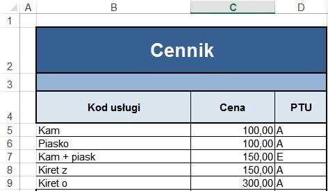 Konfiguracja Modułu Komercyjnego Usługi w pakiecie Dane wprowadza się na arkuszu C ennik poprzez uzupełnienie pól w przygotowanych kolumnach.