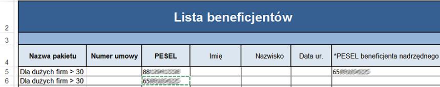 Wprowadza się w niej numer PESEL beneficjenta, od którego przyjmowane jest ubezpieczenie.