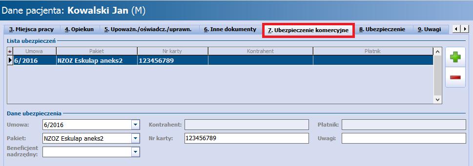 Ewidencja i rozliczanie usług komercyjnych numer umowy z kontrahentem i pakiet usług medycznych, na podstawie których pacjentowi będą udzielane świadczenia.