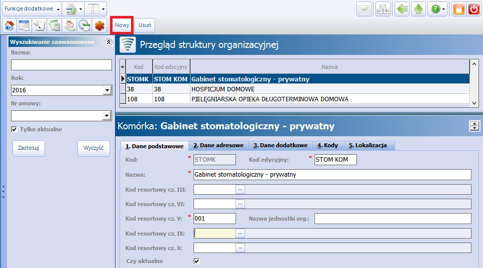 Podczas tworzenia rezerwacji/rejestracji w Terminarzu, program będzie automatycznie podpowiadał numer umowy komercyjnej i pakiet usług, na podstawie danych wprowadzonych na zakładce 7.