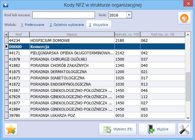 przypadku świadczeniodawców posiadających również umowę z NFZ). Z dostępnej listy należy wybrać kod o nazwie Komercja dwuklikiem lub za pomocą przycisku Wybierz (F5).