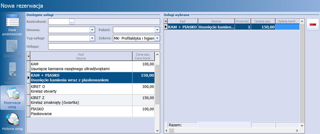 Jeśli otwarto rezerwację na podstawie komercyjnego harmonogramu, checkbox będzie domyślnie zaznaczony. 3. Wybrać ikonę Rezerw acja usług w lewym panelu okna.