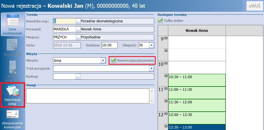 Ewidencja i rozliczanie usług komercyjnych 3.4.2 Rejestracja usług Ścieżka: przycisk w oknie startowym programu Funkcjonalność rejestracji umożliwia zarejestrowanie pacjenta na wizytę w dniu bieżącym.