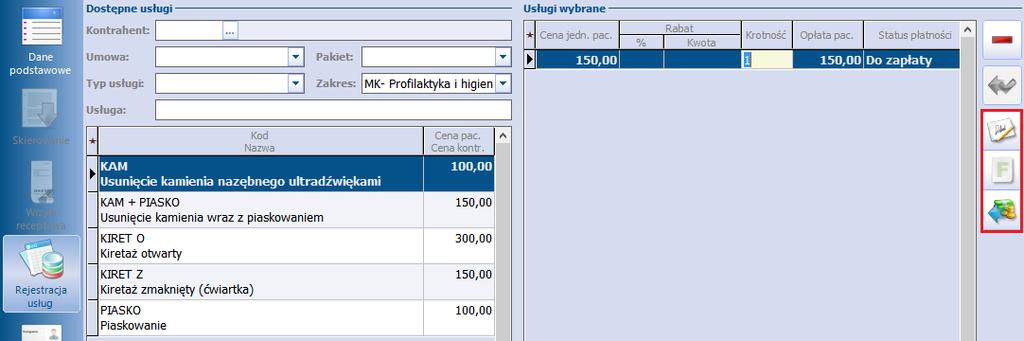 Ewidencja i rozliczanie usług komercyjnych Usługi wybiera się poprzez dwukrotne kliknięcie lewym przyciskiem myszy na pozycji, co spowoduje jej przeniesienie do okna Usługi w ybrane.