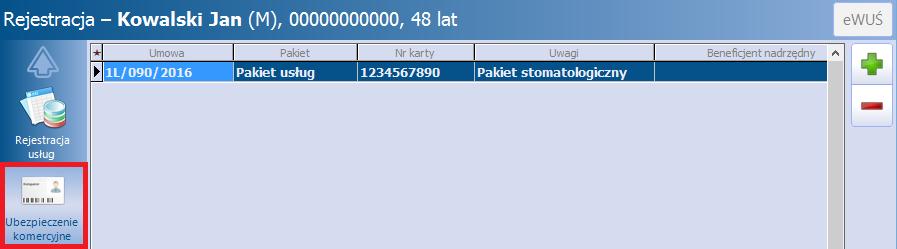 Ewidencja i rozliczanie usług komercyjnych Funkcjonalność rejestracji umożliwia również weryfikację ubezpieczenia komercyjnego pacjenta, po wybraniu