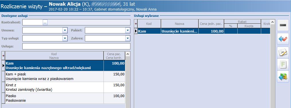 Po zaewidencjonowaniu danych wizyty można dokonać: a) rozliczenia wizyty - jeśli nie dokonano płatności z góry, b) dodania usług komercyjnych, które zostały wykonane.
