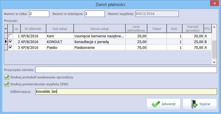 Ewidencja i rozliczanie usług komercyjnych Dla wygody pacjentów umożliwiono kilka form płatności za usługi, t.j. gotówka, karta, przelew, które zaznacza się w sekcji S posób zapłaty.