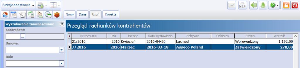 świadczenia udzielone w ramach umowy placówki w kontrahentem. W oknie prezentowana jest lista wszystkich rachunków, jakie zostały utworzone kontrahentom.