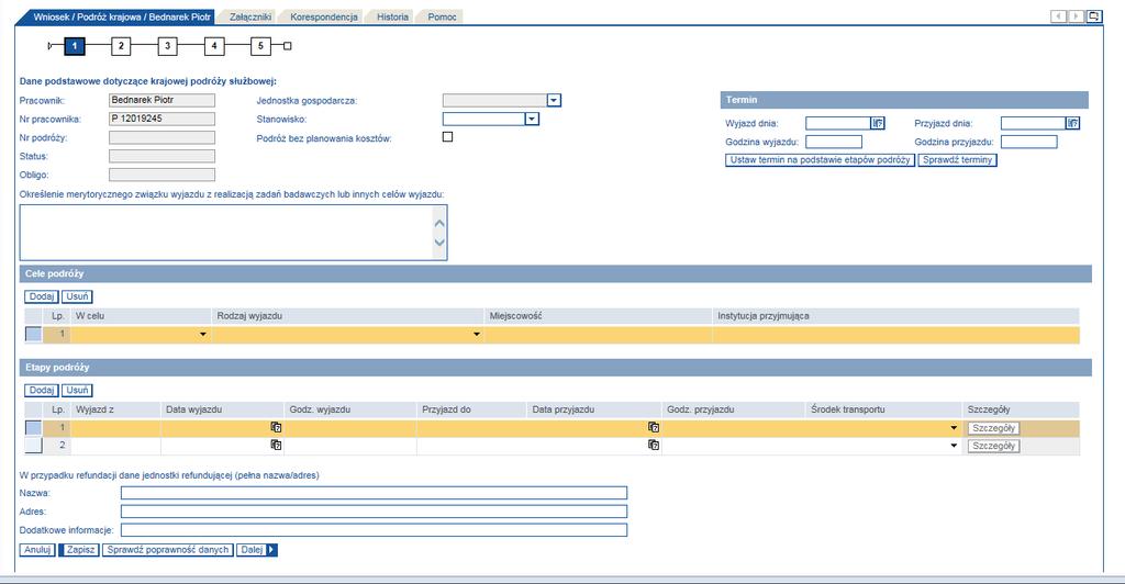 Pojawia się pierwszy ekran wniosku - Dane podstawowe, na