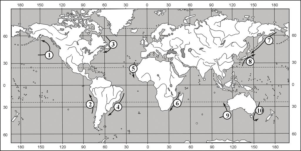 Egzamin maturalny z geografii 7 Zadanie 11. (3 pkt) Na mapie numerami 1 10 oznaczono wybrane prądy morskie.