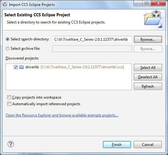 Zaimportuj przykładowe projekty dla zestawu ewaluacyjnego Tiva C Series TM4C123G LaunchPad. 12. Z menu Project wybierz pozycję Import Existing CCS Eclipse Project. 13.
