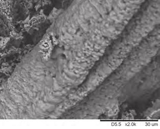 a) b) c) Rys. 6. Obrazy SEM płyty azbestowo-cementowej po przeprażeniu w 1200 C przez 2 h: a) nienaruszony kawałek, b) fragment pseudomorfozy po włóknie, c) stan po zmieleniu. Fig. 6. SEM images of the used asbestos-cement slate after calcination at 1200 C for 2 h: a) undisturbed sample, b) pseudomorphs originated from fi bres, c) state after milling.