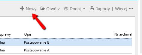 Aby utworzyć nową sprawę, kliknij ikonę +Nowy w module Sprawy.