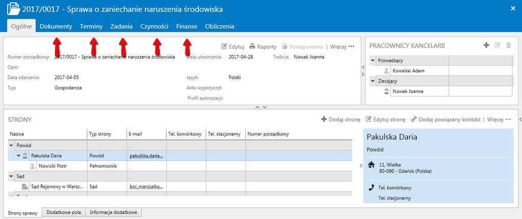 Pole Numer porządkowy służy do opisania, w jaki sposób dana strona nawiązuje do tej konkretnej sprawy. Bardzo przydatne jest tu wpisanie np. sygnatury akt.