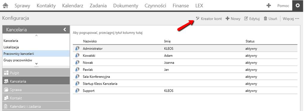 Część 3 - Konfiguracja Konfiguracja kont użytkowników Do Kleosa mogą się logować tylko pracownicy posiadający powiązanie z kontem.