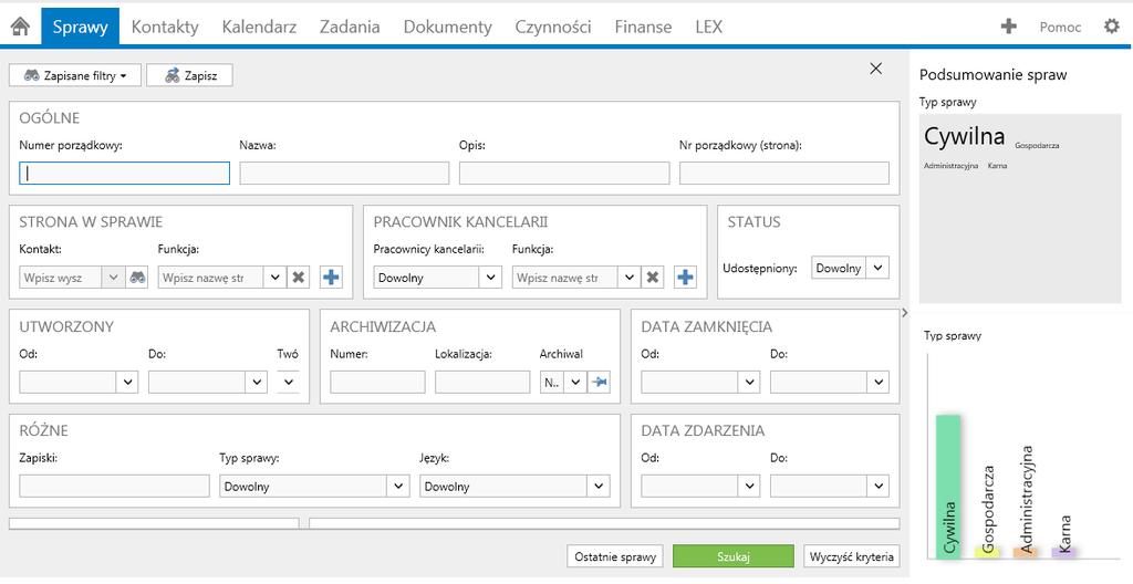 Przycisk "Szukaj" wyszuka wszystkie sprawy spełniające wybrane kryteria wyszukiwania we wszystkich polach.