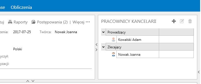 - Odśwież i Odśwież wszystko pozwala na zaktualizowane informacje o sprawie. Wielu użytkowników może pracować równocześnie z tą samą sprawą.