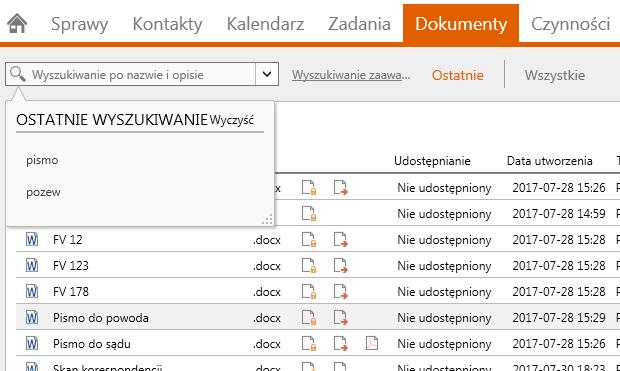 Pole szybkiego wyszukiwania pozwala znaleźć dokumenty po nazwie i po opisie. Możesz użyć listy ostatnio używanych wyszukiwani, a także zapisanych filtrów.