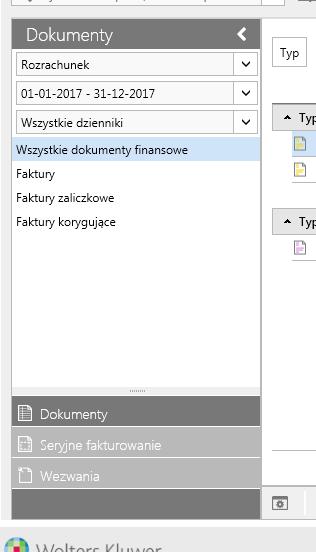 Okno dokumentów finansowych Okno modułu Finanse służy do globalnego przeglądu wystawionych dokumentów finansowych, do generowania nowych faktur seryjnych oraz tworzenia wezwań do zapłaty.