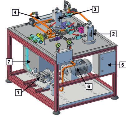 Rys.1. Widok układu hydraulicznego; 1 pompa, 2 zawór maksymalny, 3 rozdzielacz, 4 cylinder hydrauliczny, 5 skrzynka elektryczna, 6 silnik napędowy, 7 zbiornik Fig.1. A view of the hydraulic system;1 - pump, 2 - pressure relief valve, 3 - divider, 4 - hydraulic cylinder, 5 - electric box, 6 - motor, 7 - tank Rys.